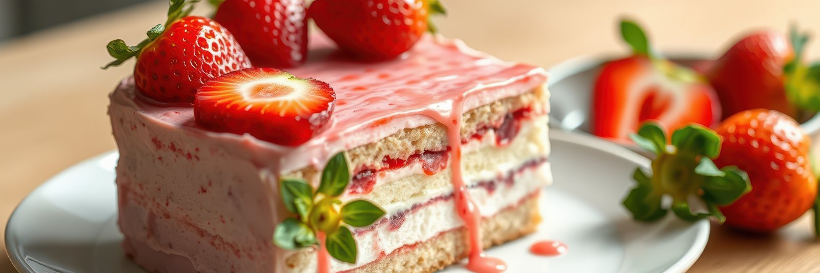 Strawberry dessert served on a plate with fresh berries and creamy layers of cake at a cozy café
